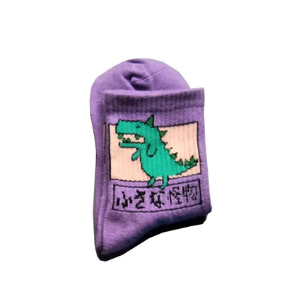 Stylish Hip Hop Long Socks for Women & Girls featuring a whimsical cartoon dinosaur design in a soft purple shade, made with a comfortable cotton and polyester blend.