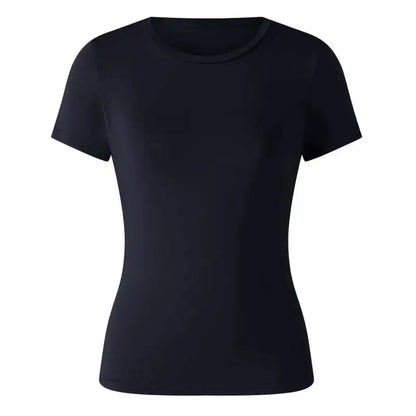 Elegant Women's Fitted Short Sleeve Kelal Core Tee Shirt by Dazzling Dreams Studio, showcasing a luxurious and flattering silhouette.