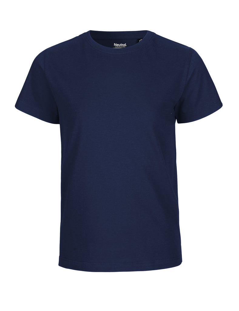 Stylish Fairtrade kids t-shirt with a classic round crew neck design, made from 100% organic cotton for comfort and sustainability.