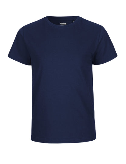 Stylish Fairtrade kids t-shirt with a classic round crew neck design, made from 100% organic cotton for comfort and sustainability.
