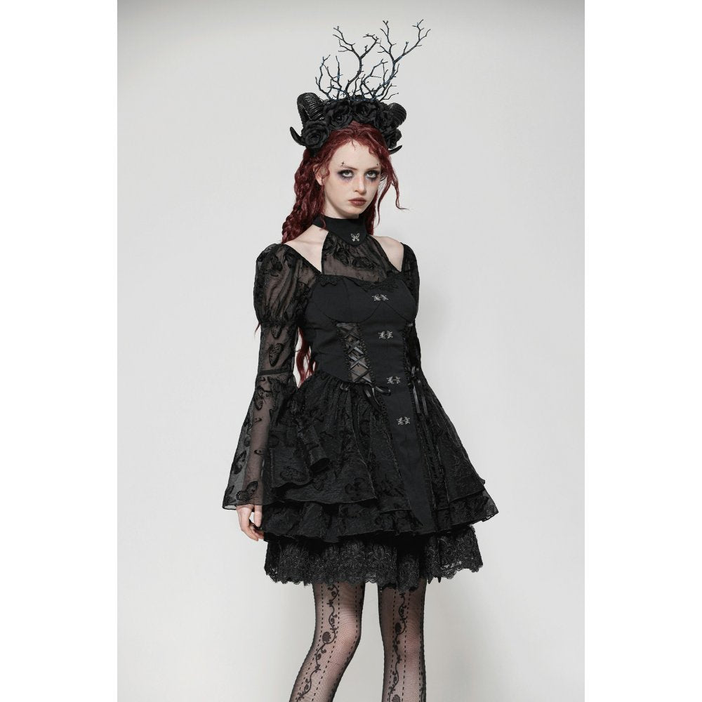 Model wearing the Dark In Love Blanche Victorian Gothic Dress with bold butterfly sleeves, embodying a romantic yet powerful aesthetic.