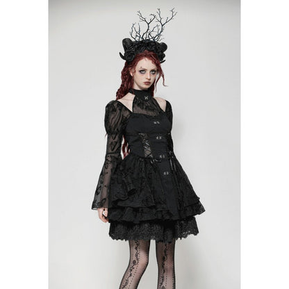 Model wearing the Dark In Love Blanche Victorian Gothic Dress with bold butterfly sleeves, embodying a romantic yet powerful aesthetic.