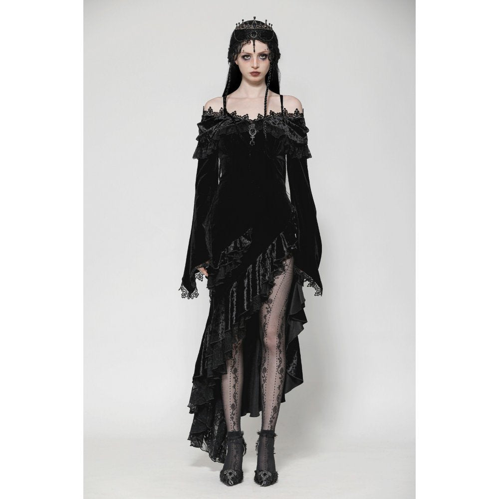 Gothic velvet off-shoulder mermaid dress with ruffle details, showcasing the luxurious texture and elegant silhouette, perfect for a dramatic evening look.