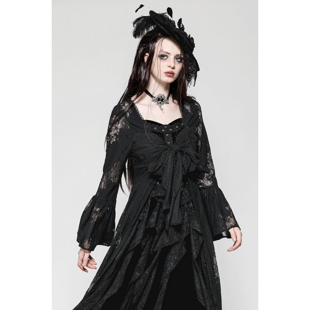 Dark in Love Emersyn Elegant Gothic Long Robe featuring intricate floral lace trim and billowing bell sleeves, perfect for a luxurious gothic fashion statement.