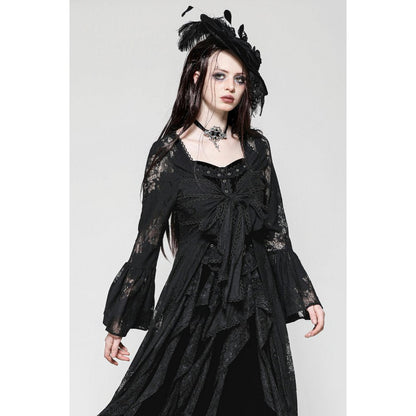 Dark in Love Emersyn Elegant Gothic Long Robe featuring intricate floral lace trim and billowing bell sleeves, perfect for a luxurious gothic fashion statement.