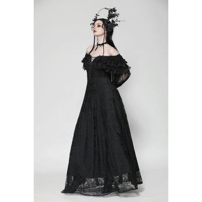 Luxe lace-up bust detail of Dark in Love Cosette Maxi Dress, featuring bell cuffs and flowing skirt for a dramatic gothic look.