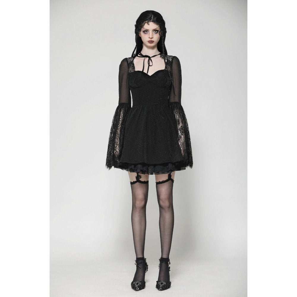 Dark in Love Greta Lace-Up Mesh Dress showcasing exquisite bell sleeves and a sweetheart neckline, exuding gothic elegance.