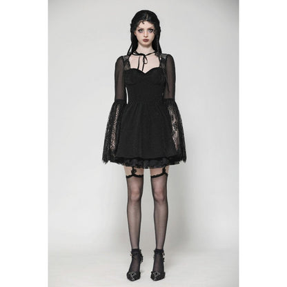 Dark in Love Greta Lace-Up Mesh Dress showcasing exquisite bell sleeves and a sweetheart neckline, exuding gothic elegance.
