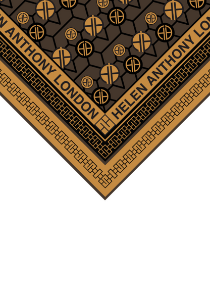 Luxurious Helen Anthony monogram twill silk scarf featuring a chic geometric design and hand-finished trim, measuring 90cm x 90cm, perfect for elegant styling.