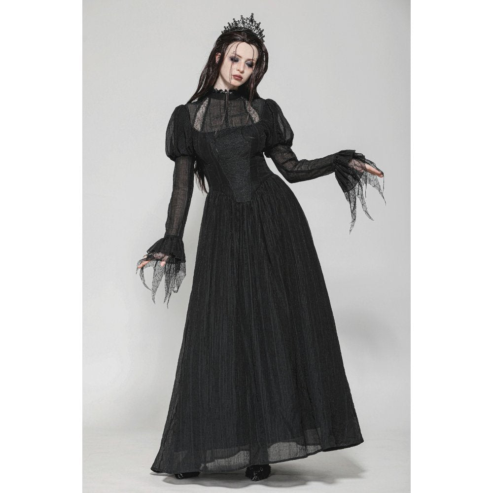Elegant Dark in Love Harlow Gothic Lace Maxi Dress showcasing luxurious Victorian lace detailing with dramatic silhouette.