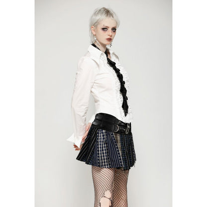 Stylish pleated mini skirt featuring a faux leather belt with silver buckles, perfect for adding an edgy touch to your wardrobe.