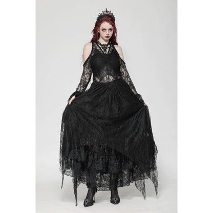 Carys Black Gothic Asymmetrical Lace Off-Shoulder Dress featuring delicate rhinestone accents by Dark in Love, showcased on a model.