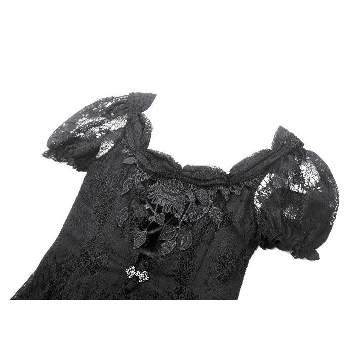 High-low hem of the gothic maxi dress, featuring a flowing sheer lace overlay that adds an ethereal touch.