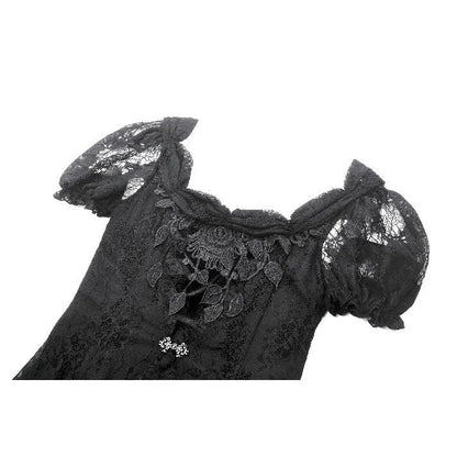 High-low hem of the gothic maxi dress, featuring a flowing sheer lace overlay that adds an ethereal touch.