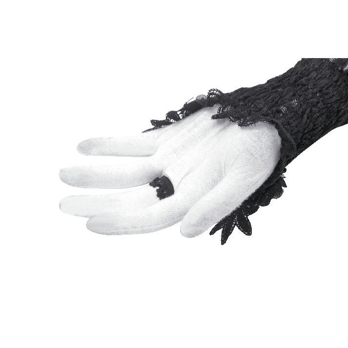 Close-up of Dark in Love Ottilie Gothic fingerless gloves showcasing detailed embroidery and decorative floral elements, ideal for enhancing a sophisticated outfit.