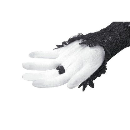 Close-up of Dark in Love Ottilie Gothic fingerless gloves showcasing detailed embroidery and decorative floral elements, ideal for enhancing a sophisticated outfit.