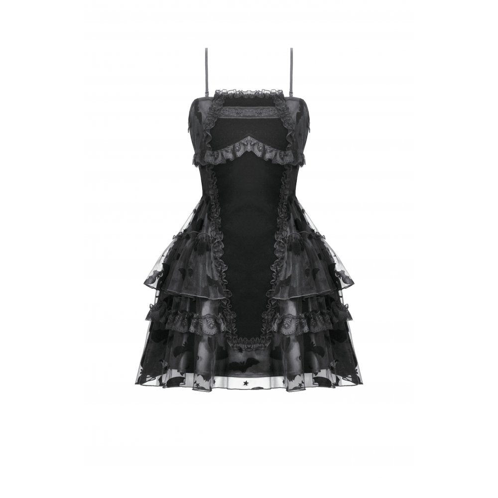 Close-up view of the bodice of Dark in Love Morwenna Bat Mesh Layered Goth Mini Dress with dramatic cut-out panel and refined lace detailing for a luxurious gothic aesthetic.