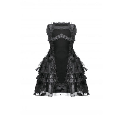 Close-up view of the bodice of Dark in Love Morwenna Bat Mesh Layered Goth Mini Dress with dramatic cut-out panel and refined lace detailing for a luxurious gothic aesthetic.