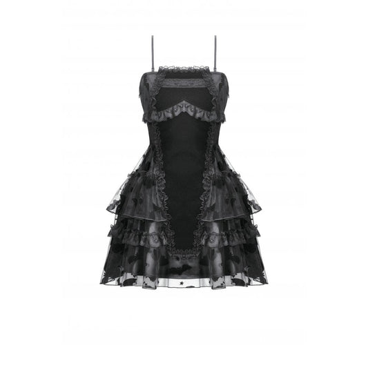 Close-up view of the bodice of Dark in Love Morwenna Bat Mesh Layered Goth Mini Dress with dramatic cut-out panel and refined lace detailing for a luxurious gothic aesthetic.