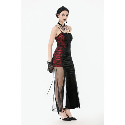 Elegant dark red and black gothic gown with intricate lace detailing and mesh panels, showcasing a luxurious hourglass silhouette and adjustable straps.