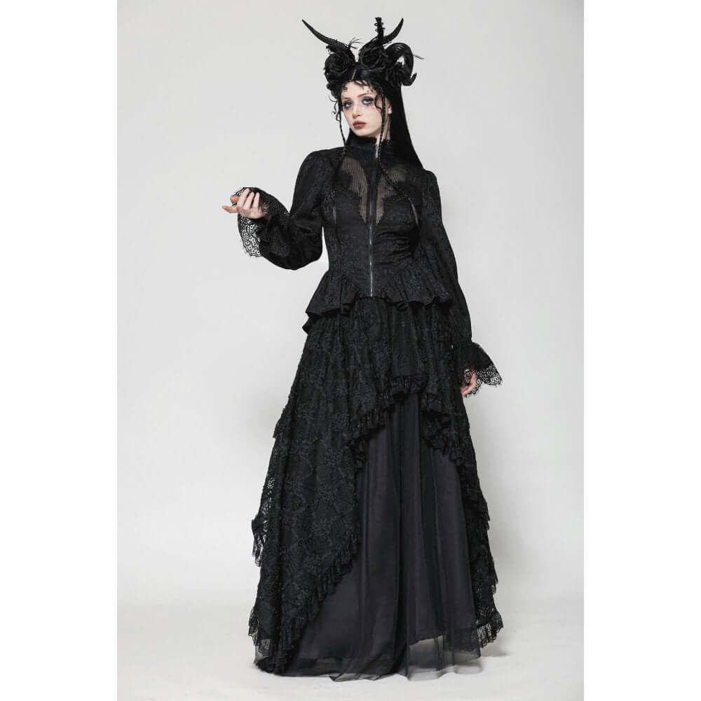 Elegant Felicity Gothic Tailcoat Shirt showcasing intricate lace detailing and a sheer bust panel, perfect for a chic gothic aesthetic.