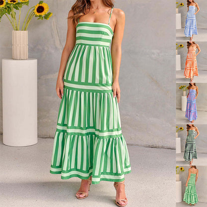 Elegant Summer Striped Printed Suspender Long Dress with Pockets, featuring a fashionable square neck and backless design, perfect for beach vacations and summer parties.