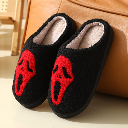 Elegant Halloween Skull Cartoon Print Slippers showcasing a captivating red skull design, ideal for indoor comfort and warmth this winter.