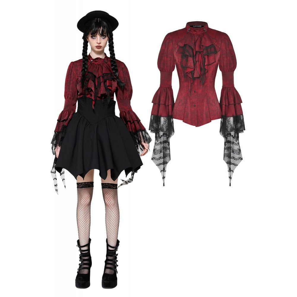 Elegant Vampiretta Red Distressed Frilly Blouse with Lace Detail by Dark in Love, showcasing intricate lace cuffs and a stylish lace-up back.