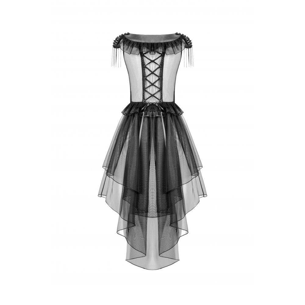 Flowing high-low mesh skirt of the Dark in Love Seraphina Dress, featuring romantic three-tiered layers that create stunning movement, ideal for gothic fashion enthusiasts.