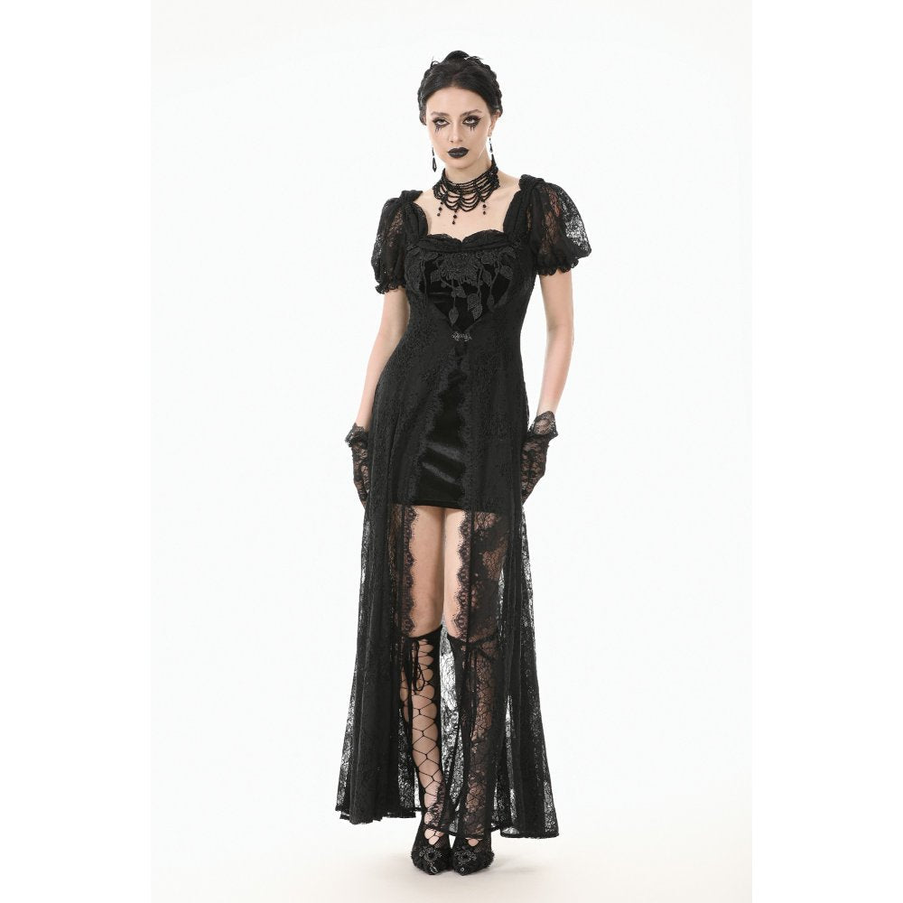 Chic detailing of the puff sleeves and lace embroidery on the black gothic maxi dress, ideal for gothic events and dark weddings.