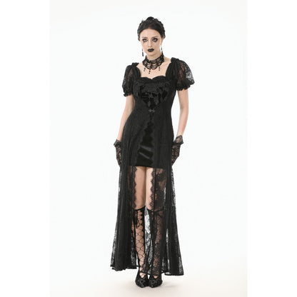 Chic detailing of the puff sleeves and lace embroidery on the black gothic maxi dress, ideal for gothic events and dark weddings.