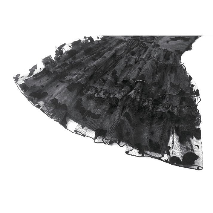 Elegant dark gothic mini dress featuring a layered bat-pattern mesh skirt and lace-trimmed bodice.