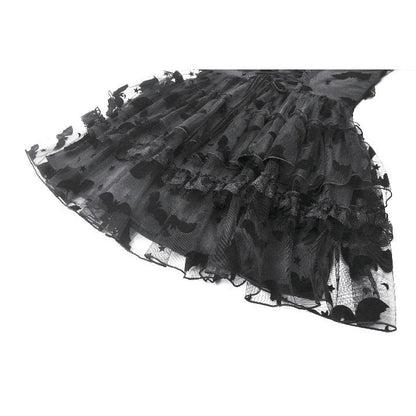 Elegant dark gothic mini dress featuring a layered bat-pattern mesh skirt and lace-trimmed bodice.