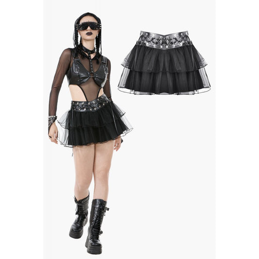 Elegant Dark in Love Goth Mini Skirt featuring bonded tulle layers and a chic faux leather waistband, adorned with studded O-rings, perfect for a sophisticated punk-glam ensemble.