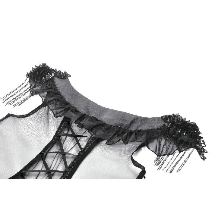 Elegant Dark in Love Seraphina Gothic dress featuring mesh ruffle tiers and stud adorned shoulders, perfect for evening events.