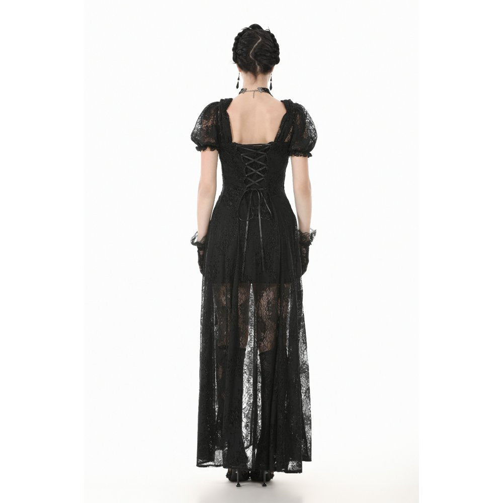Elegant black gothic maxi dress featuring a velvet bodice with intricate lace overlay and puff sleeves for a luxurious gothic look.