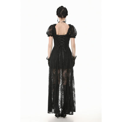 Elegant black gothic maxi dress featuring a velvet bodice with intricate lace overlay and puff sleeves for a luxurious gothic look.