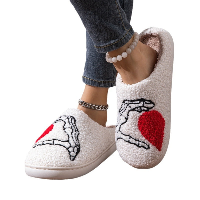 Luxurious Love hand-stitched white slippers featuring artistic red heart and hand designs, crafted from thickened cotton for ultimate warmth and comfort.