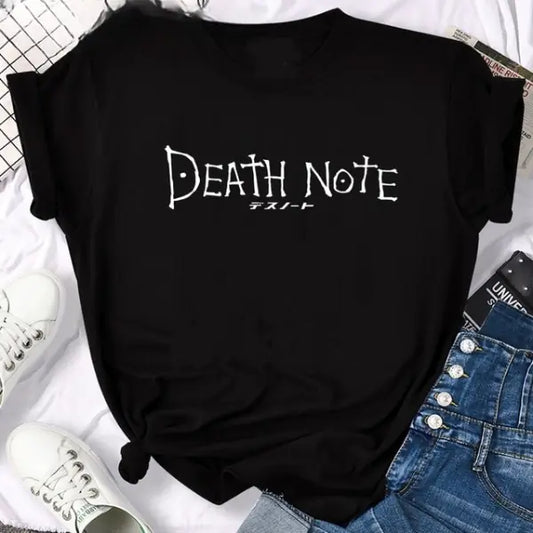 Elegant Death Note Anime T-Shirt displayed on a flat lay, highlighting its chic design with the 'Death Note' logo. A perfect blend of luxury and anime fandom, crafted for those who appreciate unique style in their wardrobe.