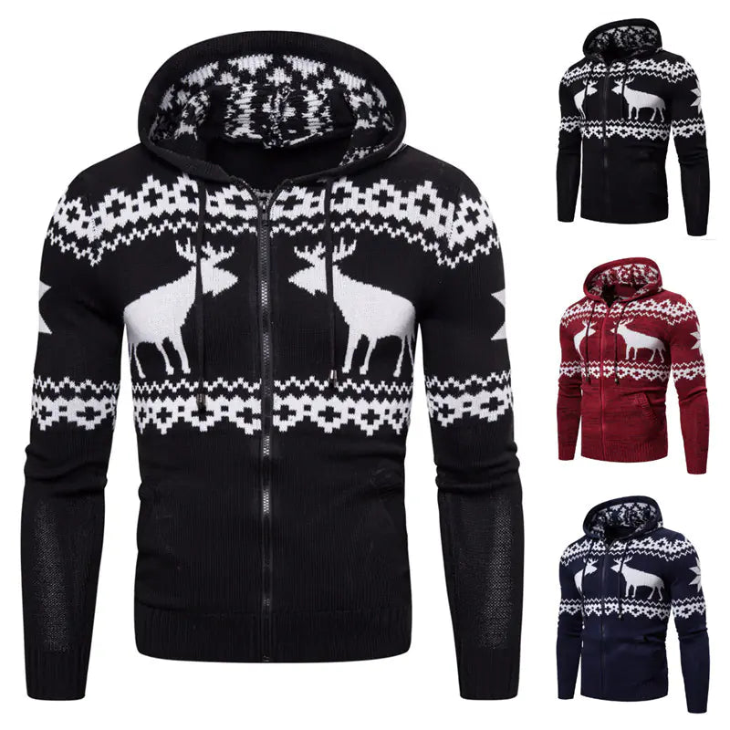 The elegance of the Men's Christmas Reindeer Knit Zipper Hoodie shown paired with casual winter attire.