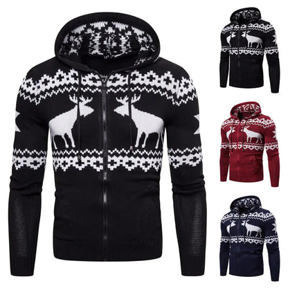 The elegance of the Men's Christmas Reindeer Knit Zipper Hoodie shown paired with casual winter attire.