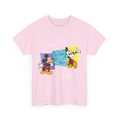 Front view of a sophisticated unisex stylish Mickey Mouse graphic tee featuring vibrant retro Disney design with artistic illustrations, ideal for casual sophistication.