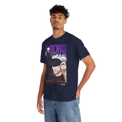 Fashion model wearing a high-quality navy blue t-shirt featuring Gojo Satoru from Jujutsu Kaisen, exemplifying a sophisticated aesthetic for anime enthusiasts.