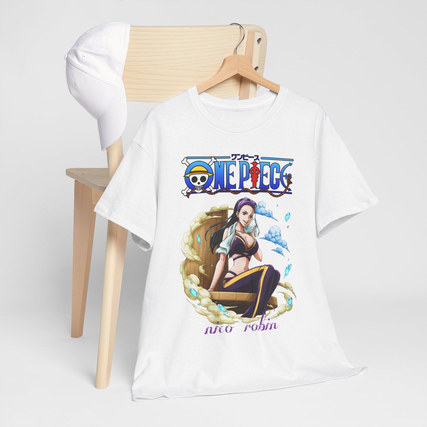 Stylishly presented white men's t-shirt featuring an exquisite design of Nico Robin from One Piece, perfect for anime enthusiasts and fashion connoisseurs alike.
