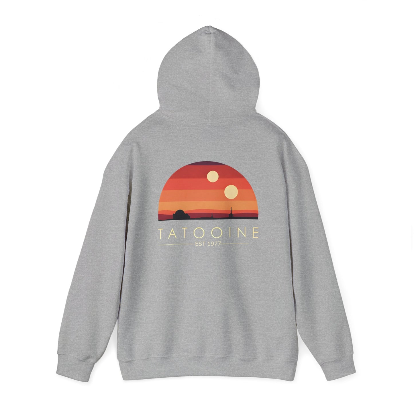 Cosmic Adventure Hoodie showcasing Tatooine's stunning sunset with bold branding, perfect for fashionable Star Wars enthusiasts.
