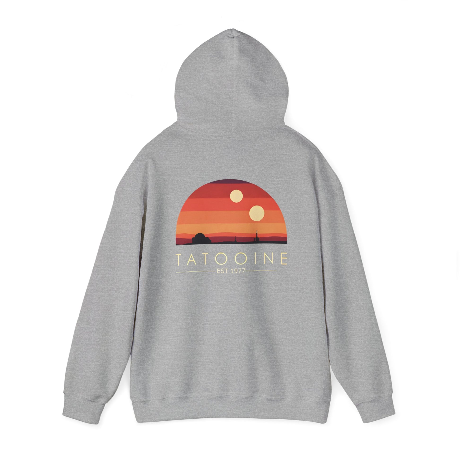 Cosmic Adventure Hoodie showcasing Tatooine's stunning sunset with bold branding, perfect for fashionable Star Wars enthusiasts.