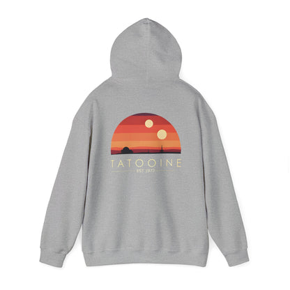 Cosmic Adventure Hoodie showcasing Tatooine's stunning sunset with bold branding, perfect for fashionable Star Wars enthusiasts.