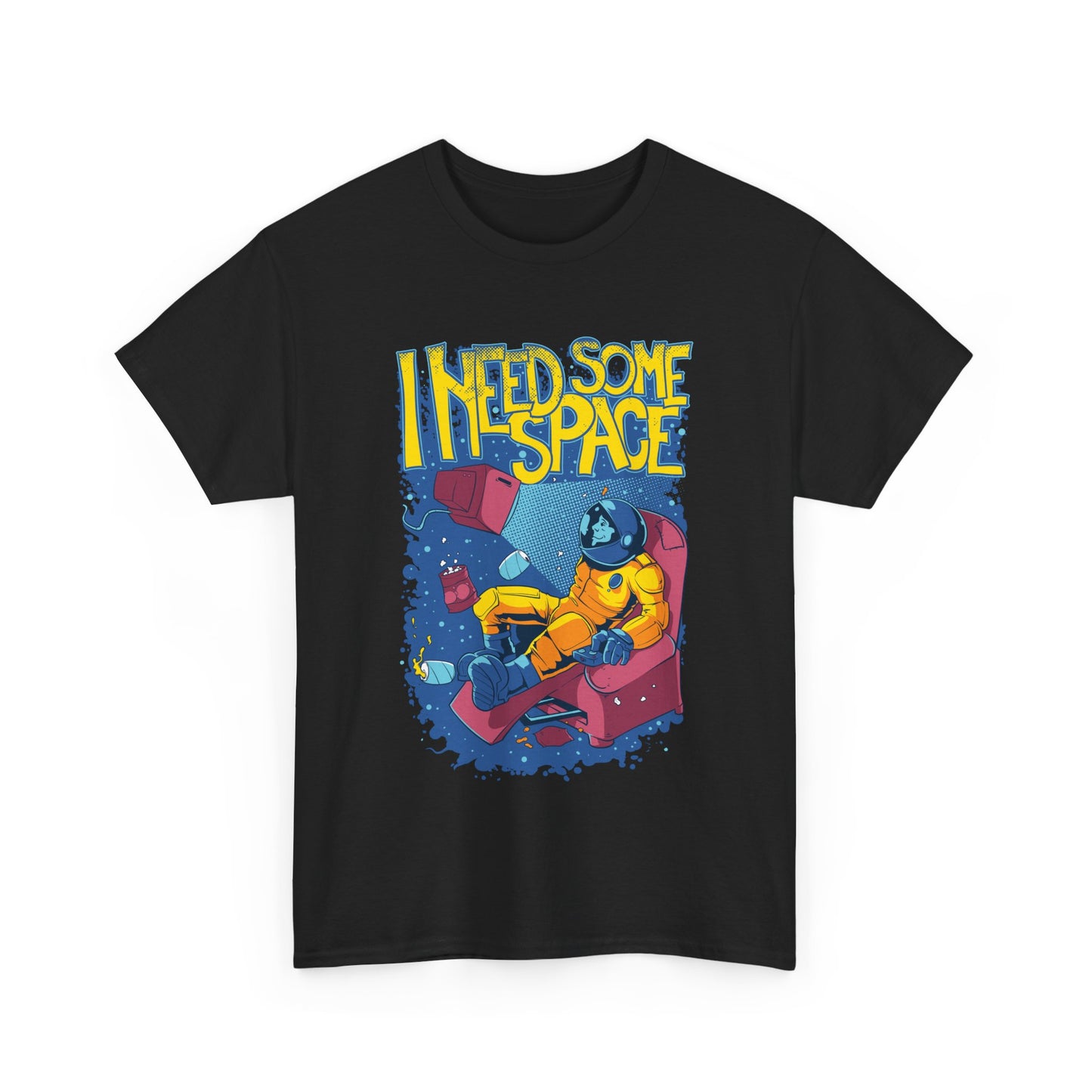 Stylish black t-shirt adorned with a vibrant graphic of an astronaut relaxing, accentuated by playful cosmic elements and the phrase 'I NEED SOME SPACE' in bold lettering.