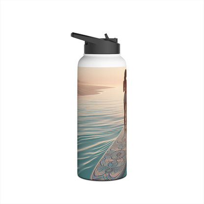 Elegant Fantasy Paddleboarding Stainless Steel Water Bottle showcasing a silhouette of a paddleboarder against a tranquil water backdrop at sunset.