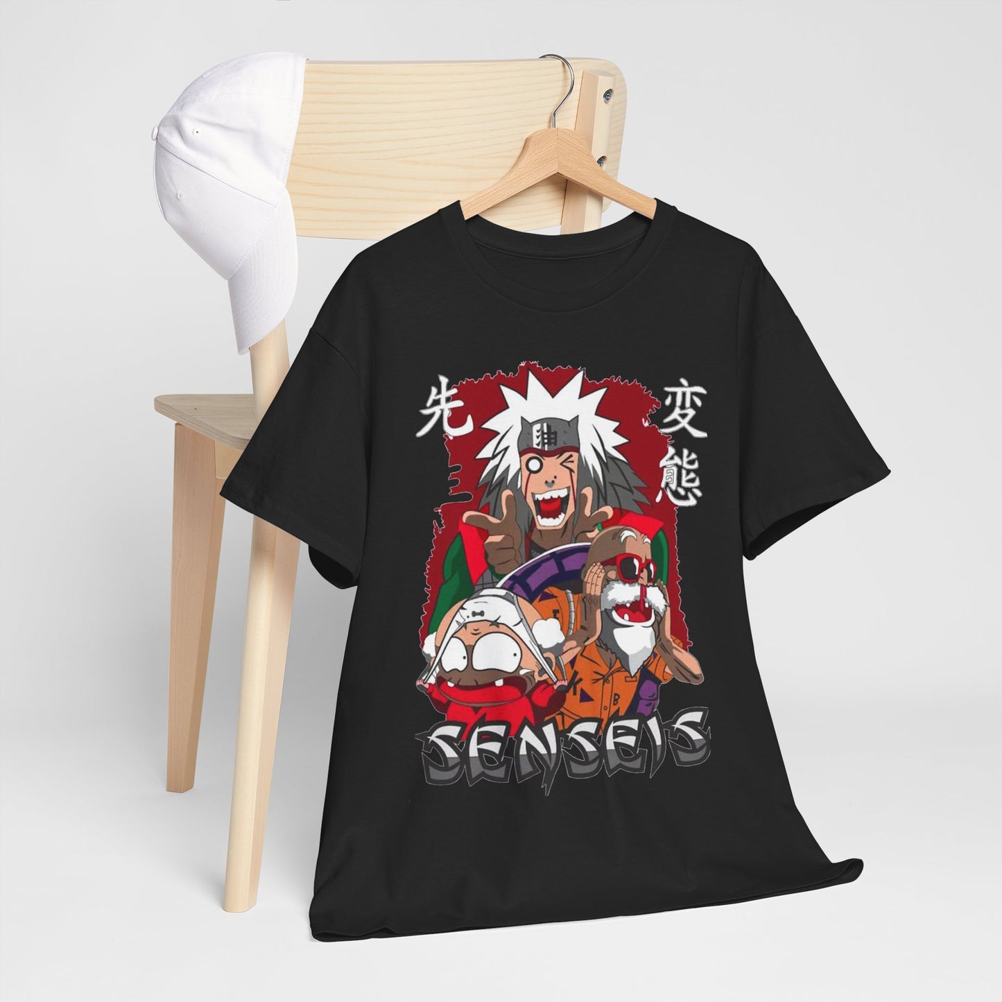 Sensei Graphic Tee draped over a chair, adorned with unique anime art, perfect for a stylish, youthful wardrobe.
